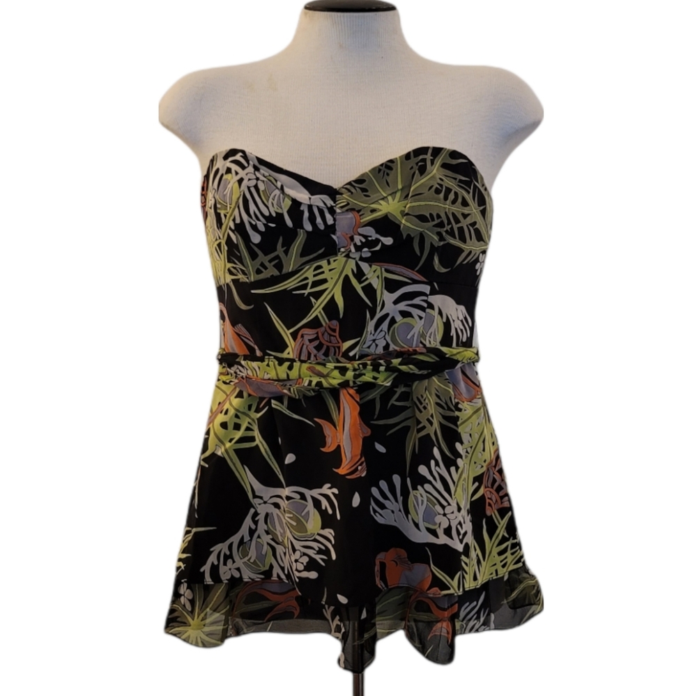 Nanette Lepore Whimsygoth Black Green Tropic Print Belted Sleeveless Top 8